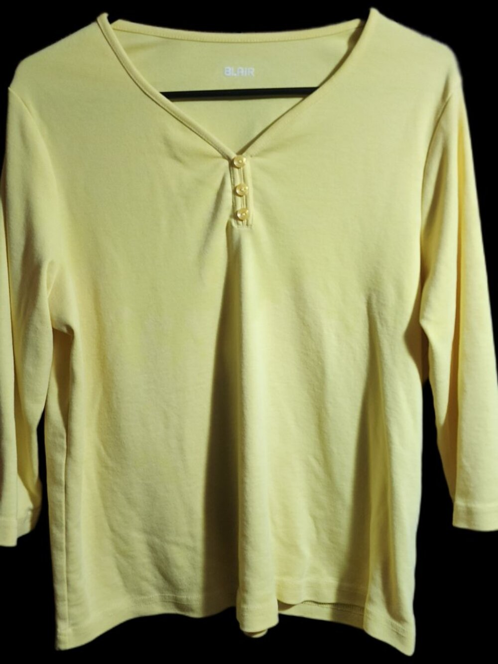Women's Large Yellow 3/4 Sleeve Henley Neck Button Front Top